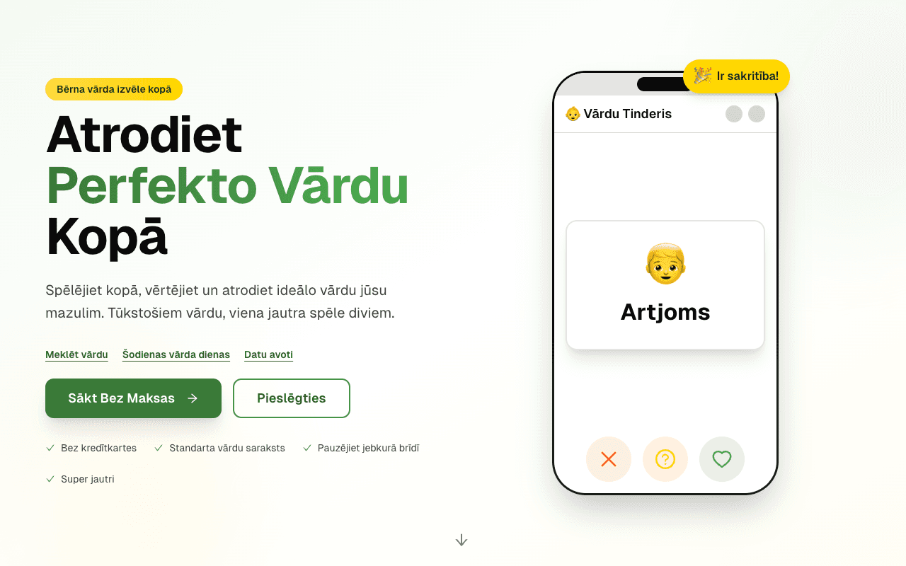 Vārdu Tinderis — Latvian baby-name swipe-to-match app